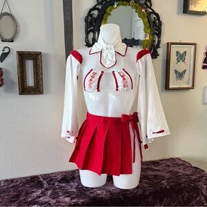Red and White Pleated Skirt Outfit